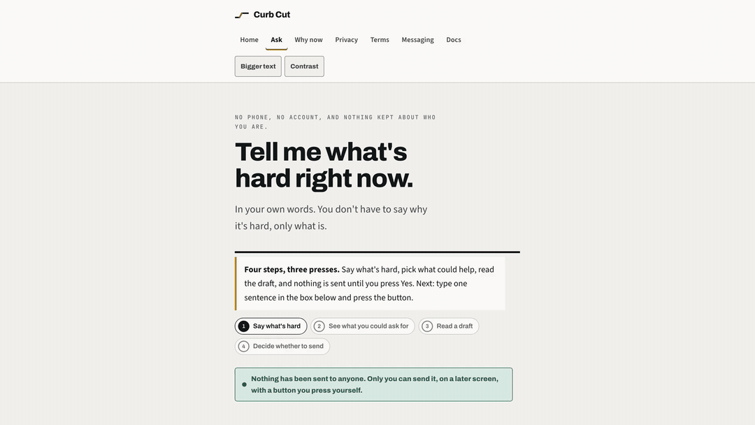 The ask page shown sharp, then dissolving into fog, the way any page looks without the right glasses.